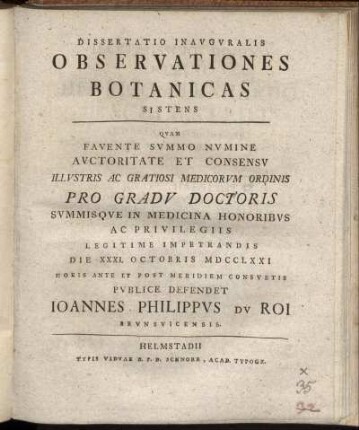 Dissertatio Inavgvralis Observationes Botanicas Sistens