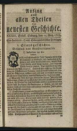 XXXIII. Stück. Coburg, den 15. Aug. 1753.