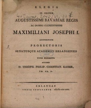 Elegia in obitum Bav. Regis Maximiliani Josephi I.