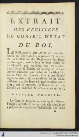 Extrait Des Registres Du Conseil D’Etat Du Roi.