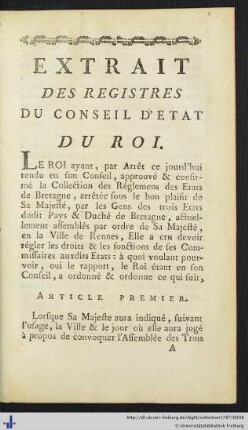 Extrait Des Registres Du Conseil D’Etat Du Roi.