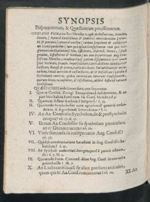 Synopsis Disputationum, & Quaestionum potissimarum.