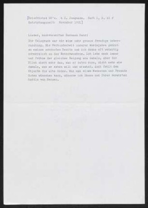 Brief von Gerhart Hauptmann an Hermann Bahr