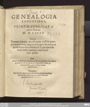 GENEALOGIA || RANZOVIANA,|| PRIMVM PVBLICATA,|| Anno Domini || M.D.LXXXV.|| ... ||