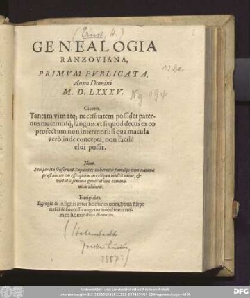 GENEALOGIA || RANZOVIANA,|| PRIMVM PVBLICATA,|| Anno Domini || M.D.LXXXV.|| ... ||
