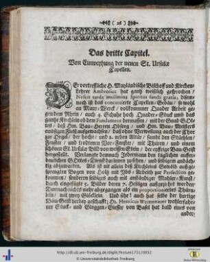 III. Von Einweyhung der neuen St. Ursulae Capellen.