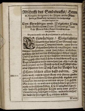 Abschrifft des Sendebrieffs [...]