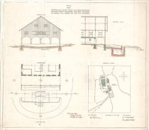 Littmann, Max; Bocksberg; Hofgut, Wirtschafts - und Stallgebäude - Herstellung einer Dung - u. Jauchengrube (Lageplan, Grundriss, Schnitte)