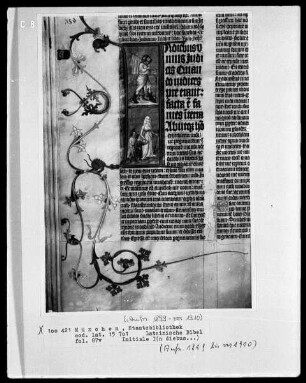Lateinische Bibel — Initiale I (n diebus), darin Elimelech, Naomi und die Söhne unterwegs, Folio 87verso