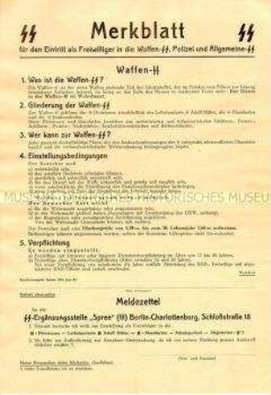 Merkblatt für Bewerber für die SS bzw. Waffen-SS