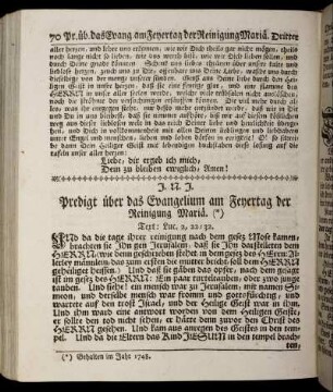 Predigt über das Evangelium am Feyertag der Reinigung Mariä.