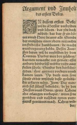 Argument und Innholt des ersten Bokes.