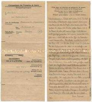 Brief von Harald von Koenigswald aus dem Kriegsgefangenenlager in Sarrebourg an seine Schwägerin - Familienkonvolut