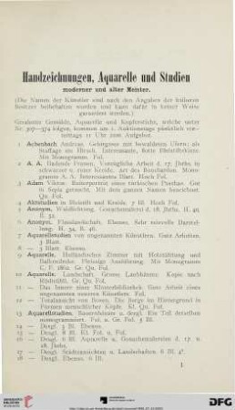 Handzeichnungen, Aquarelle und Studien (Nr. 1-306)