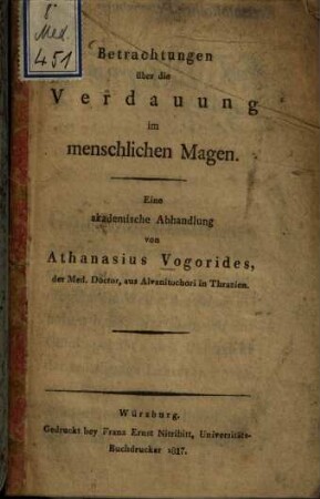 Betrachtungen über die Verdauung im menschlichen Magen : eine akademische Abhandlung