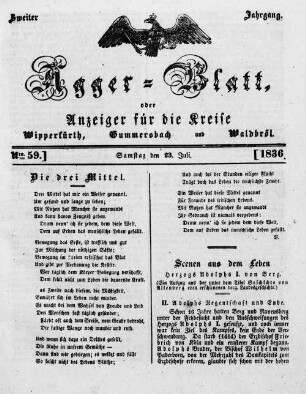 Agger-Blatt, oder Anzeiger für die Kreise Wipperfürth, Gummersbach und Waldbröl