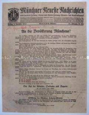 Tageszeitung "Münchner Neueste Nachrichten" zum Sturz der Monarchie in Bayern und zum Beginn der Waffenstillstandsverhandlungen