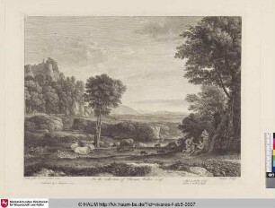 [Landschaft mit drei Figuren im rechten Vordergrund und grasenden Rindern und Ziegen]