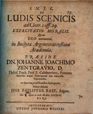 De ludis scenicis, ad Cicer. I off. 29 exercitatio moralis