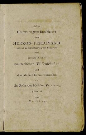 Seiner Hochwürdigsten Durchlaucht dem Herzog Ferdinand Herzog zu Braunschweig und Lüneburg [...]
