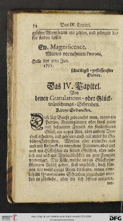 Das IV. Kapitel: Von denen Gratulations- oder Glückwünschungs-Schreiben