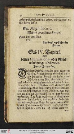 Das IV. Kapitel: Von denen Gratulations- oder Glückwünschungs-Schreiben