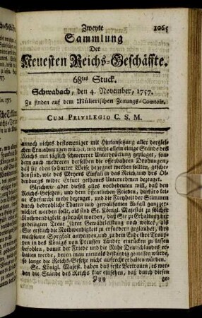 68tes Stuck. Schwabach, den 4. November, 1757.