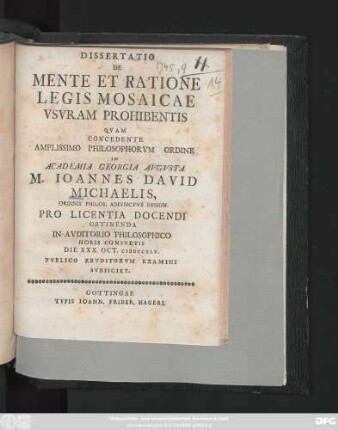 Dissertatio De Mente Et Ratione Legis Mosaicae Vsvram Prohibentis