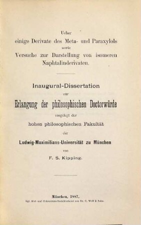 Ueber einige Derivate des Meta- und Paraxylols sowie Versuche zur Darstellung von isomeren Naphtalinderivaten : Inaug.-Diss.