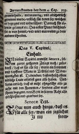 Das V. Capittel; Einhalt, Senecæ Text.