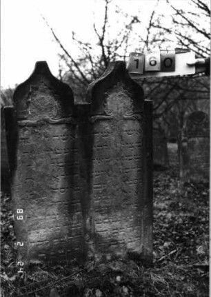 Grabstein 160 (Index: 99751990) Material: Sandstein Zustand: abgeblättert mit großem Textverlust Maße HxBxT: 112x76x13 cm Beschreibung: Doppelstele m. Eselsrückenabschlüssen, Schriftfelder eingetieft Symbolik: Blätter: Grabstein 160