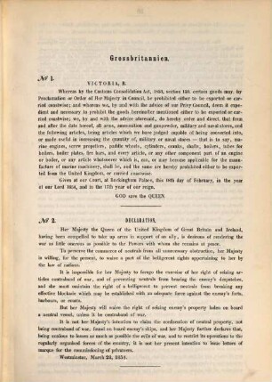 Sammlung officieller Actenstücke in Bezug auf Schiffahrt und Handel in Kriegszeiten : Grundzüge des Seevölkerrechts d. Gegenwart ; Verordnungen und Bekanntmachungen. [1.] 1854/55 (1855) = Heft. 1 - 8