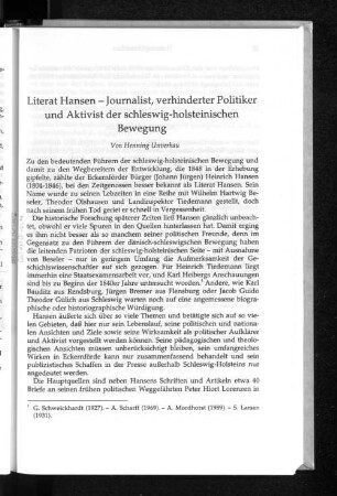 Literat Hansen : Journalist, verhinderter Politiker und Aktivist der schleswig-holsteinischen Bewegung