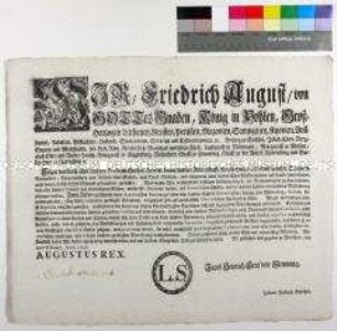 Edikt von Friedrich August I. Kurfürst von Sachsen betreffend das Verbot für Untertanen, ein Erststudium im Ausland aufzunehmen