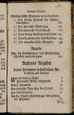 Anderes Register derer hierinnen befindlichen Andachten und Gebete