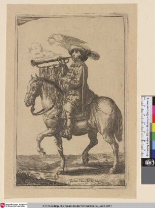 [Fanfarenreiter auf trabendem Pferd im Profil nach links]