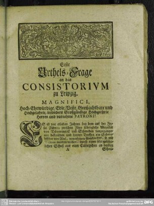Erste Urthels-Frage an das Consistorium zu Leipzig