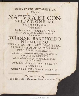 Disputatio Metaphysica Prima De Natura Et Constitutione Metaphysices