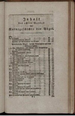 Inhalt des achten Bandes der Naturgeschichte der Vögel.