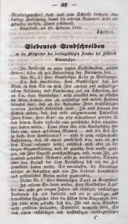 Siebentes Sendschreiben an die Mitglieder des landtagsfähigen Standes der größeren Grundbesitzer.