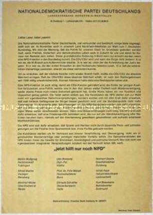 Rundschreiben der NPD zu den Landtagswahlen in Nordrhein-Westfalen 1970