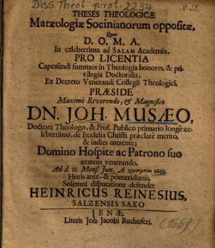 Theses Theologicae Mataeologiae Socinianorum oppositae