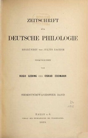 Zeitschrift für deutsche Philologie : ZfdPh. 27. 1895