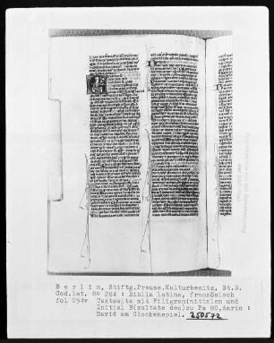 Biblia latina — Initiale E (xultate deo), darin David am Glockenspiel, Folio 254verso