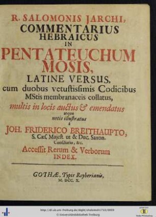 R. Salomonis Jarchi, Commentarius Hebraicus In Pentateuchum Mosis