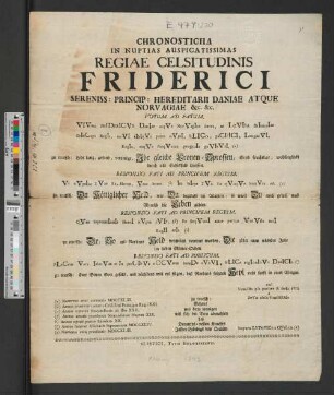 [Chronosticha In Nuptias Auspicatissimas Regiae Celsitudinis Friderici Sereniss: ...]