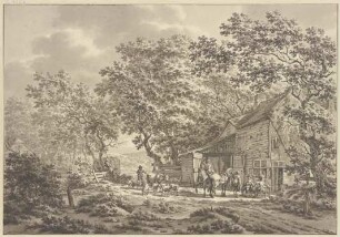Landschaft mit Gasthaus und trinkenden Reisenden