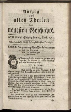 XVII. Nachl. Coburg, den 27. April, 1757.