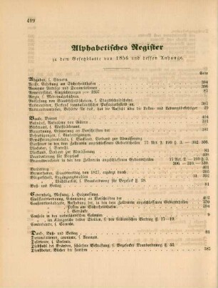 Alphabetisches Register zu dem Gesetzblatte von 1856 und dessen Anhange