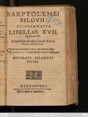 17: Barptholomaei Bilovii Epigrammatum Libellus ...